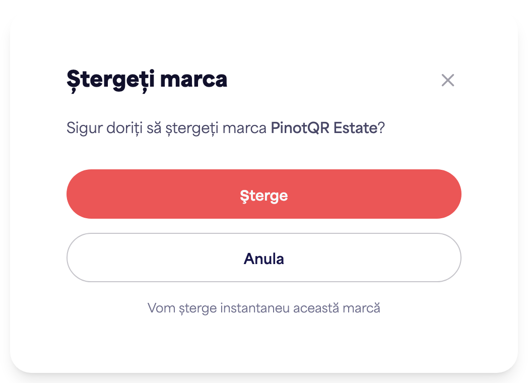 Dialogul de confirmare „Ștergere brand” care avertizează despre e-etichetele existente