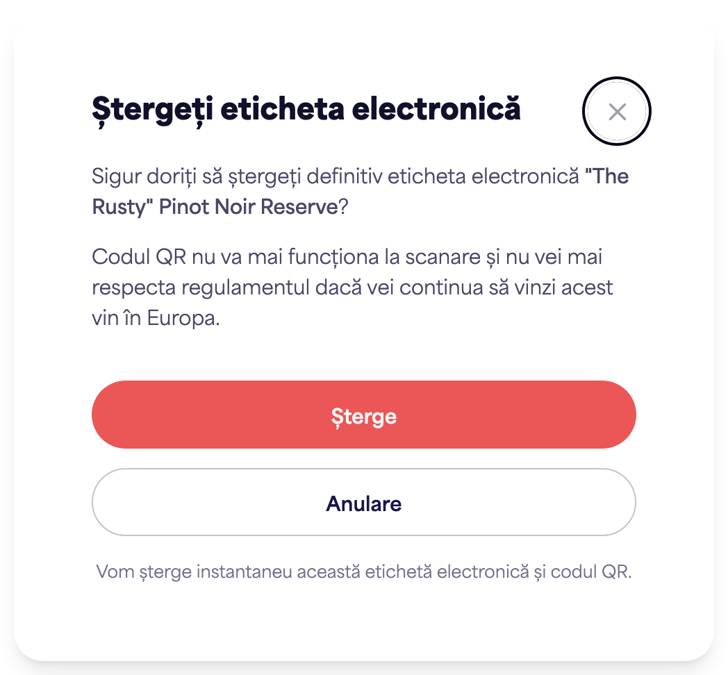 Dialogul de confirmare "Ștergeți eticheta electronică"