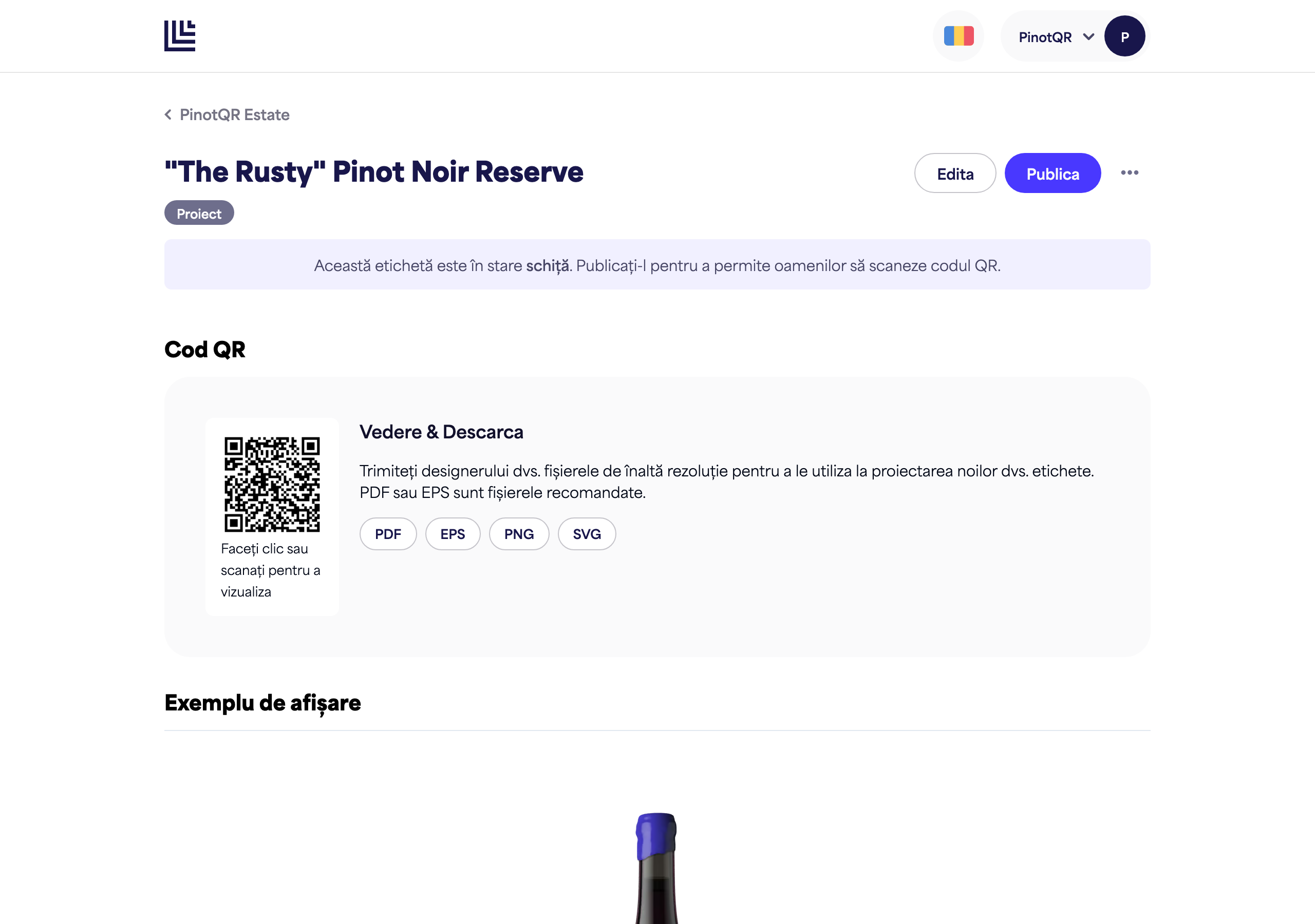 O etichetă electronică schiță care arată notificarea de schiță și butonul "Publică"
