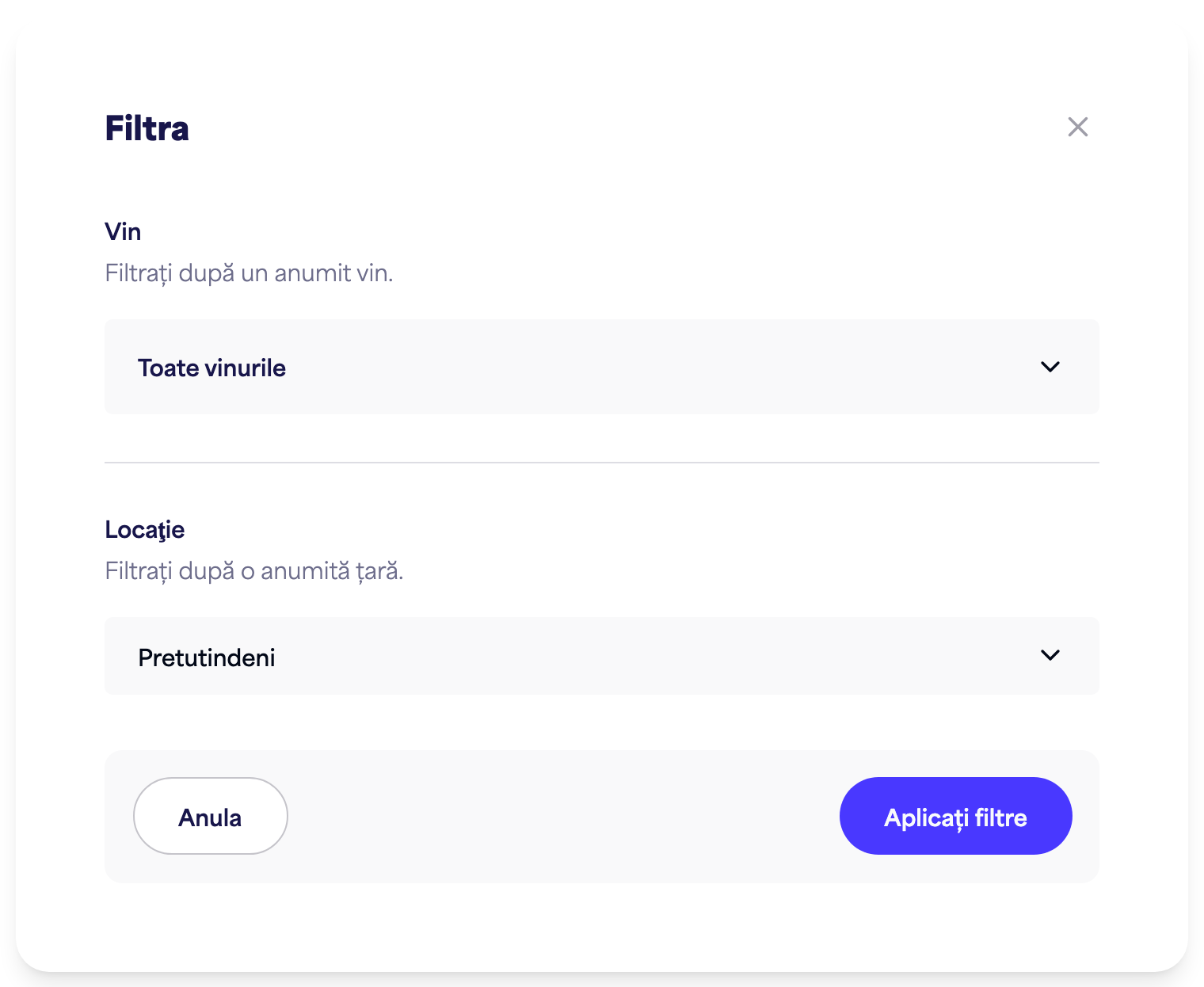 Panoul de filtrare Insights (timp, vin, locație)