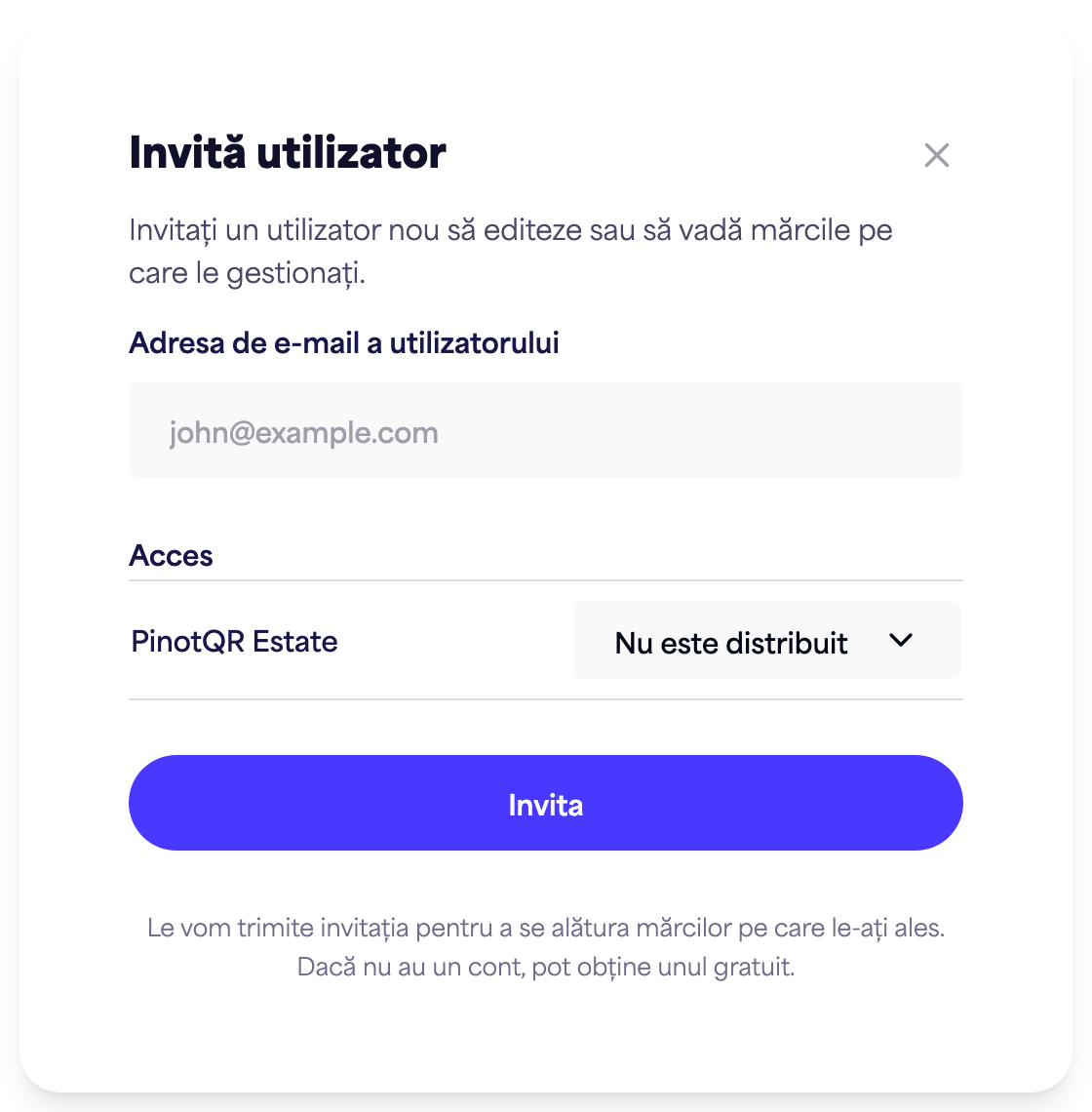 Fereastra de dialog „Invită utilizator” cu câmpul pentru e-mail și opțiunile de acces per brand