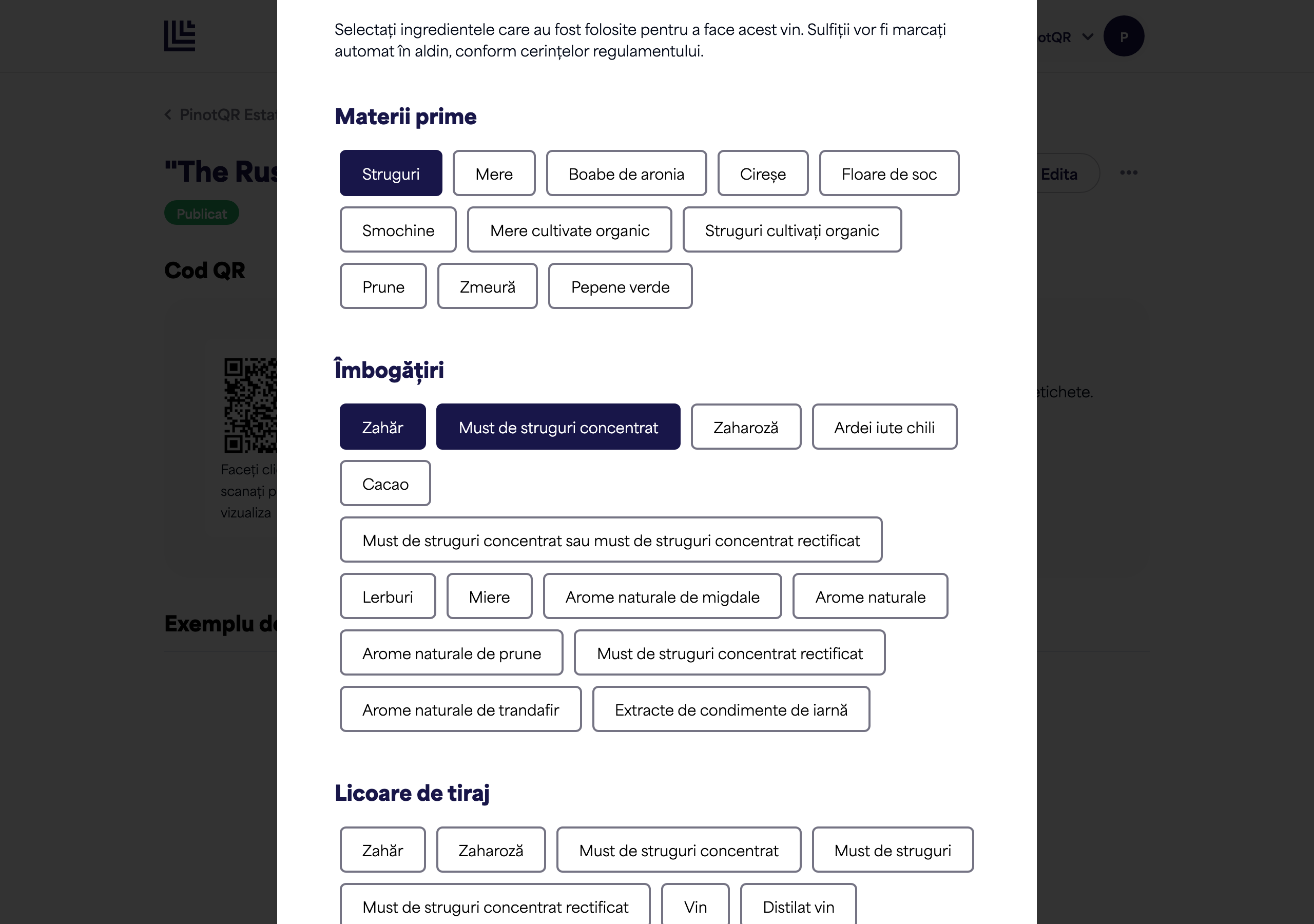 Secțiunea Ingrediente cu mai multe categorii și ingrediente selectate