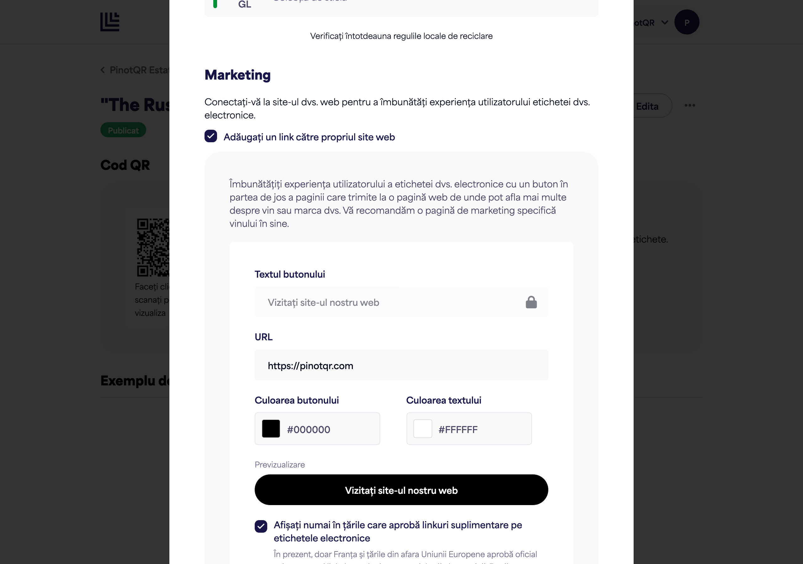 Secțiunea Marketing cu comutatorul, textul butonului, URL-ul și selectorii de culoare, plus previzualizarea live a butonului