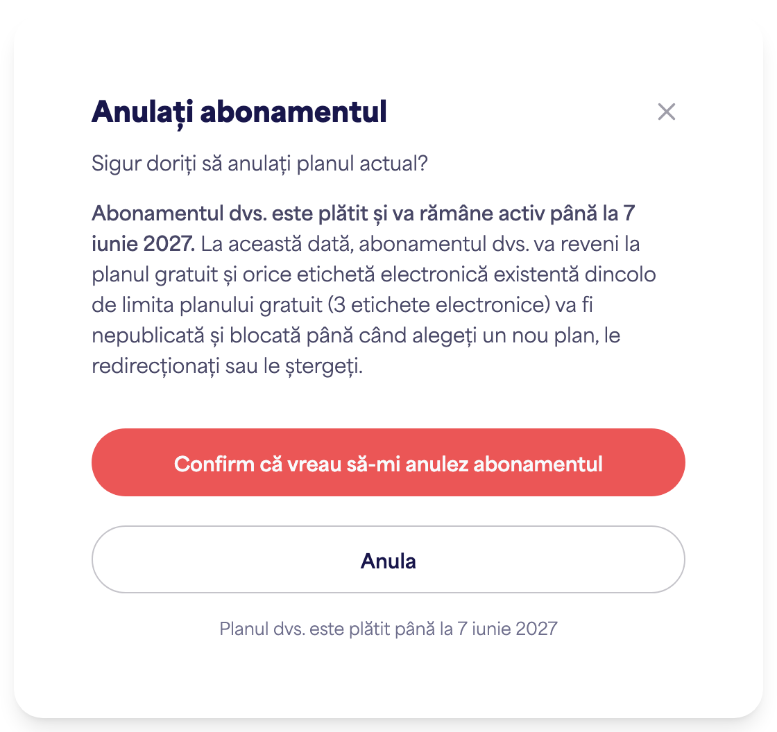 Zona de Abonament a contului arătând opțiunea Anulează abonamentul