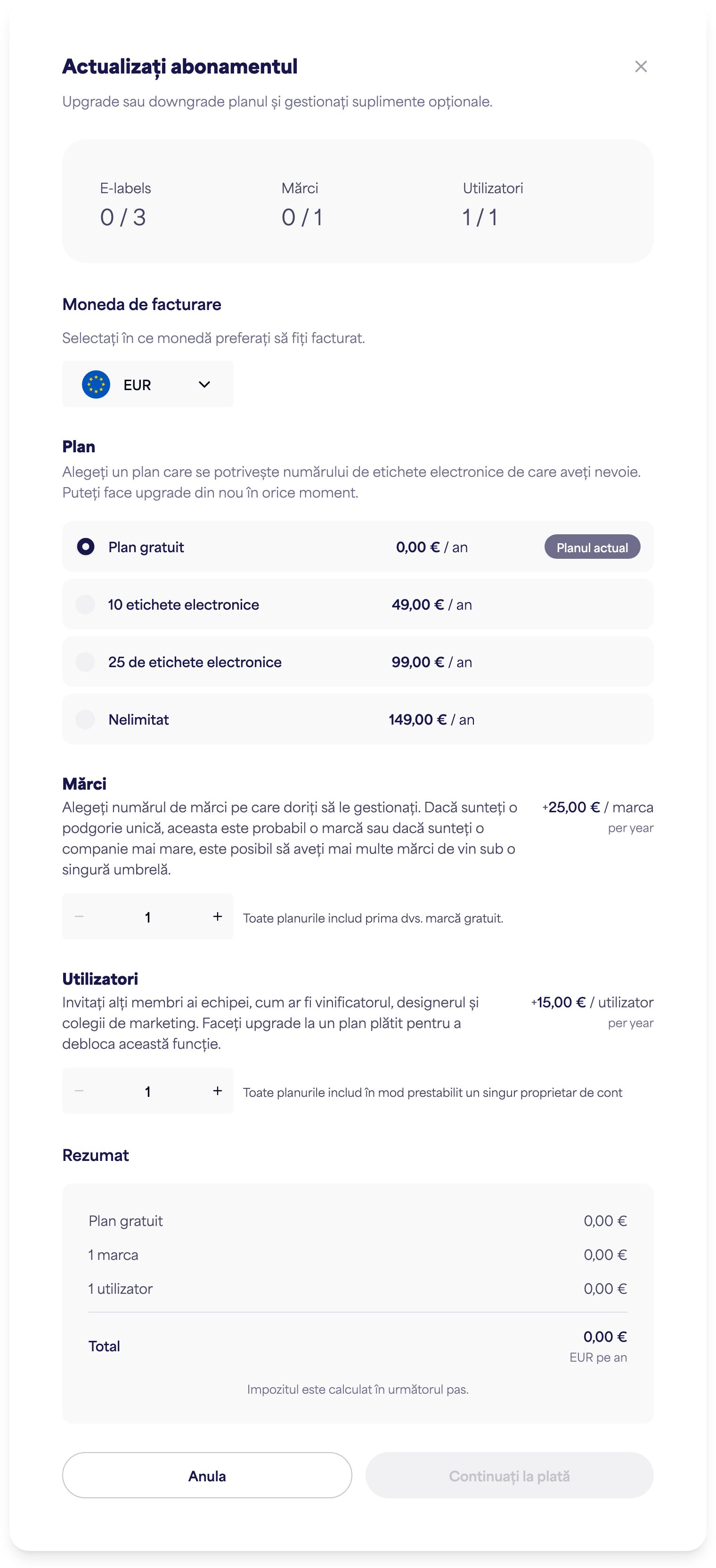 Dialogul Gestionați abonamentul cu opțiuni pentru plan, branduri și utilizatori