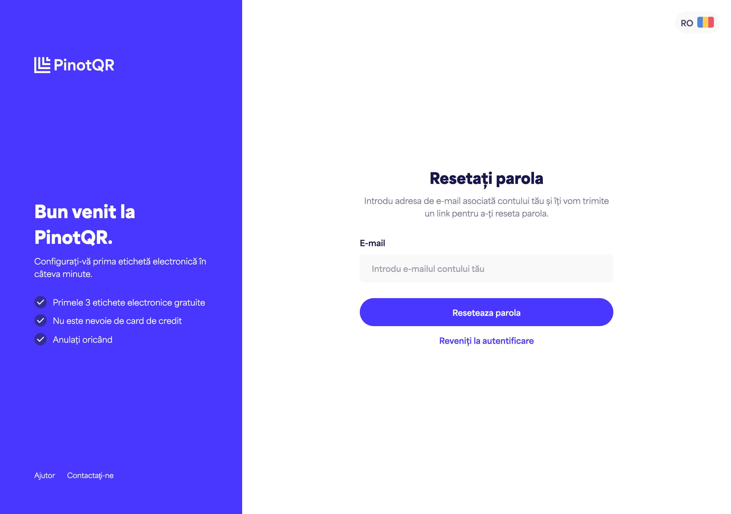 Ecranul „Resetați-vă parola” unde introduceți adresa de email