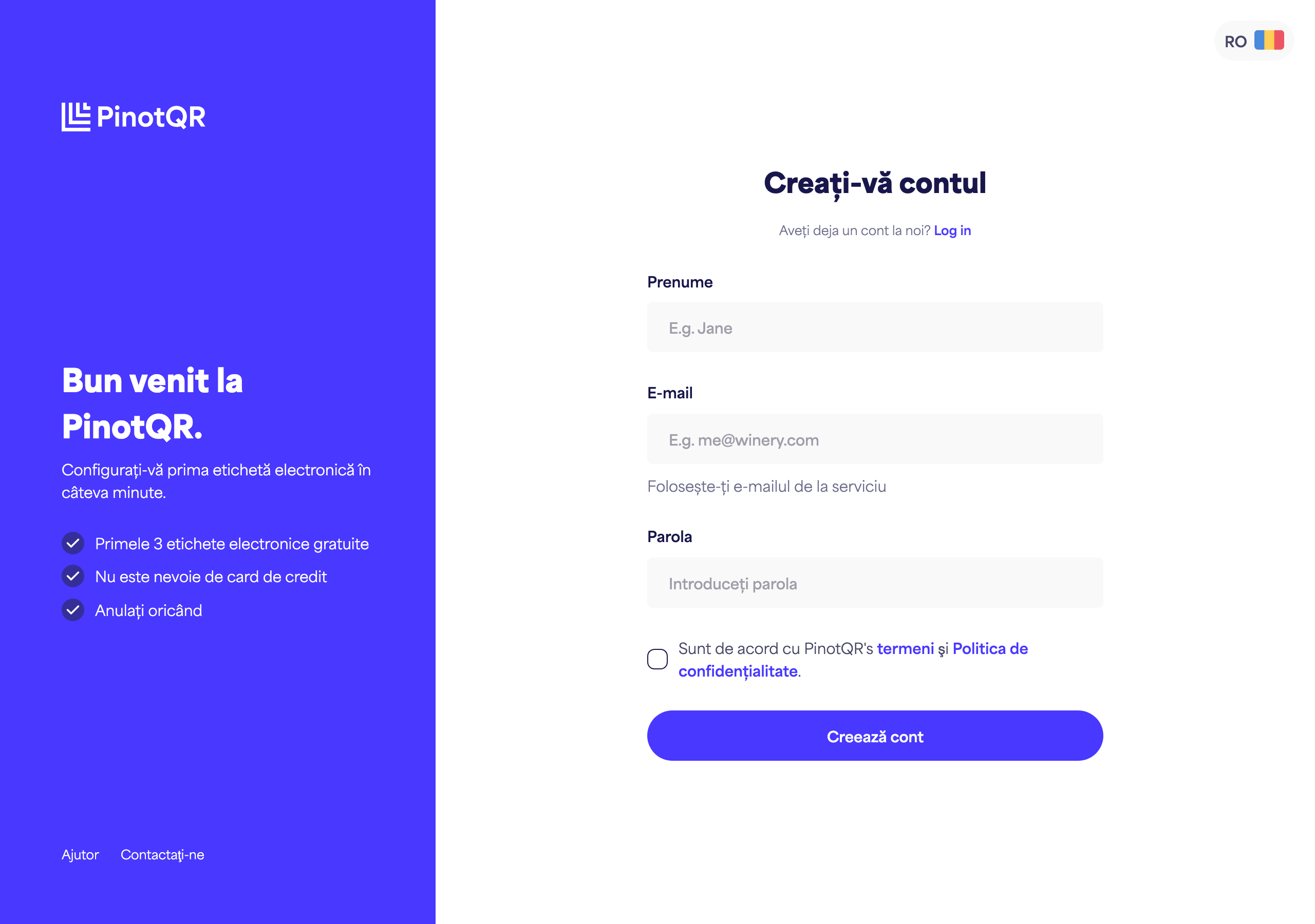 Formularul de înregistrare cu câmpurile Prenume, E-mail, Parolă și butonul „Creare cont”