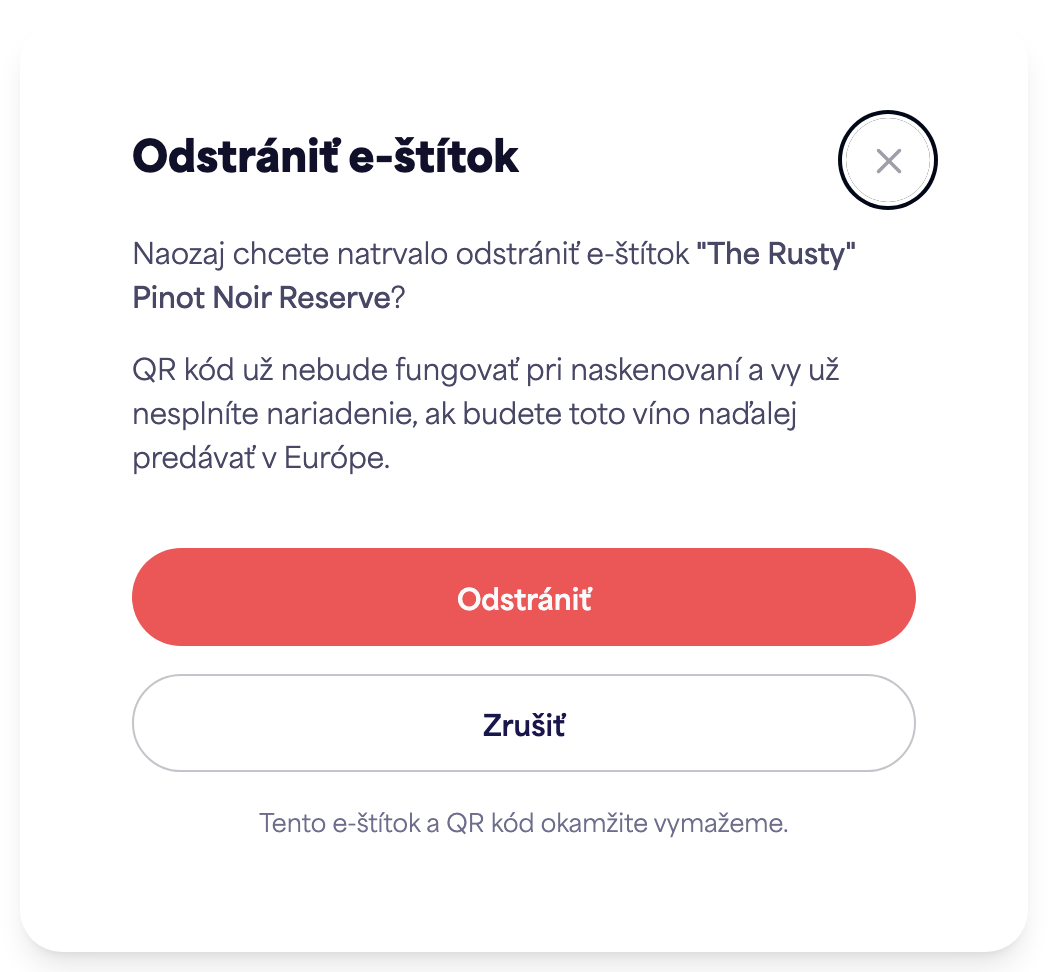 Potvrdzovací dialóg „Odstrániť e-štítok“