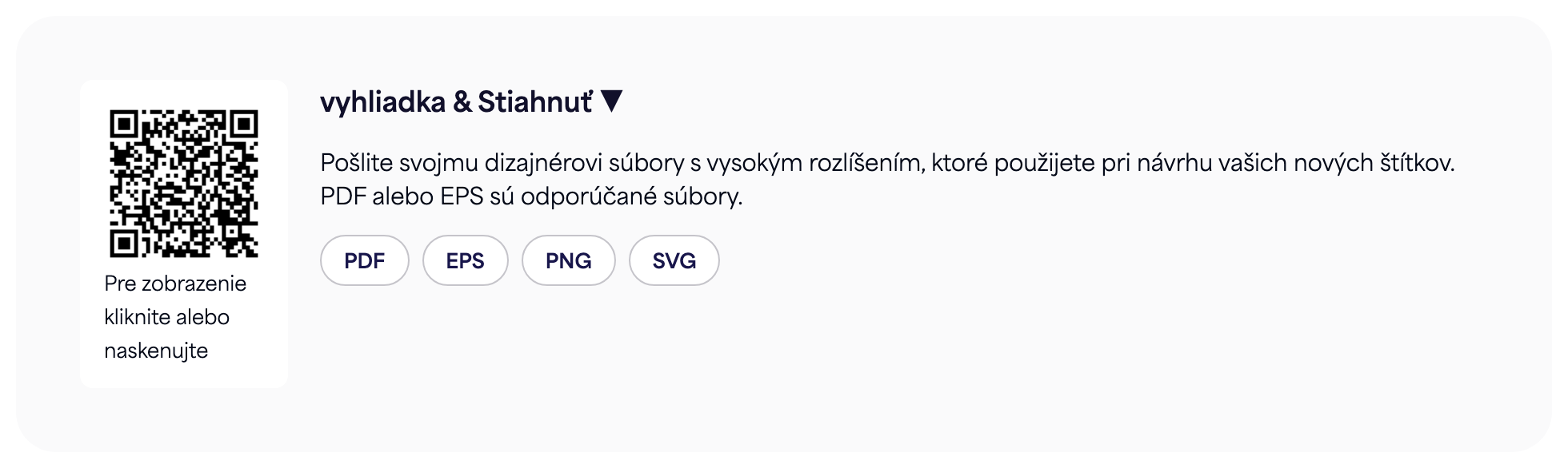 Sekcia QR kód na stránke e-štítku s tlačidlami na stiahnutie vo formátoch PDF, EPS, PNG a SVG