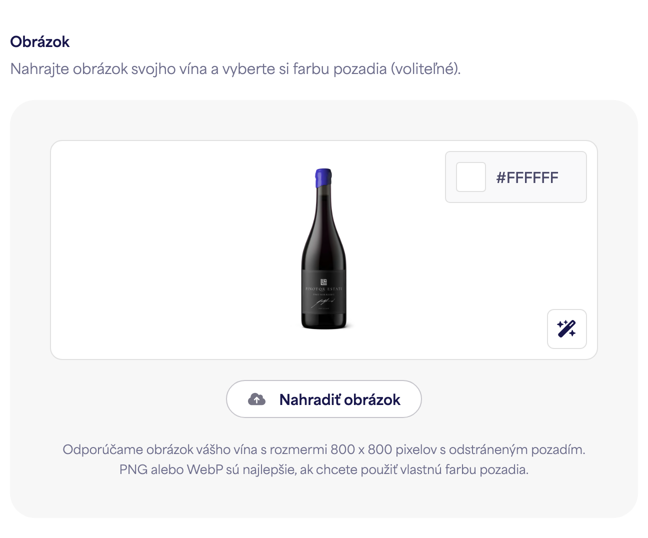 Nahrávač obrázkov fľaše s ukážkovým obrázkom vína