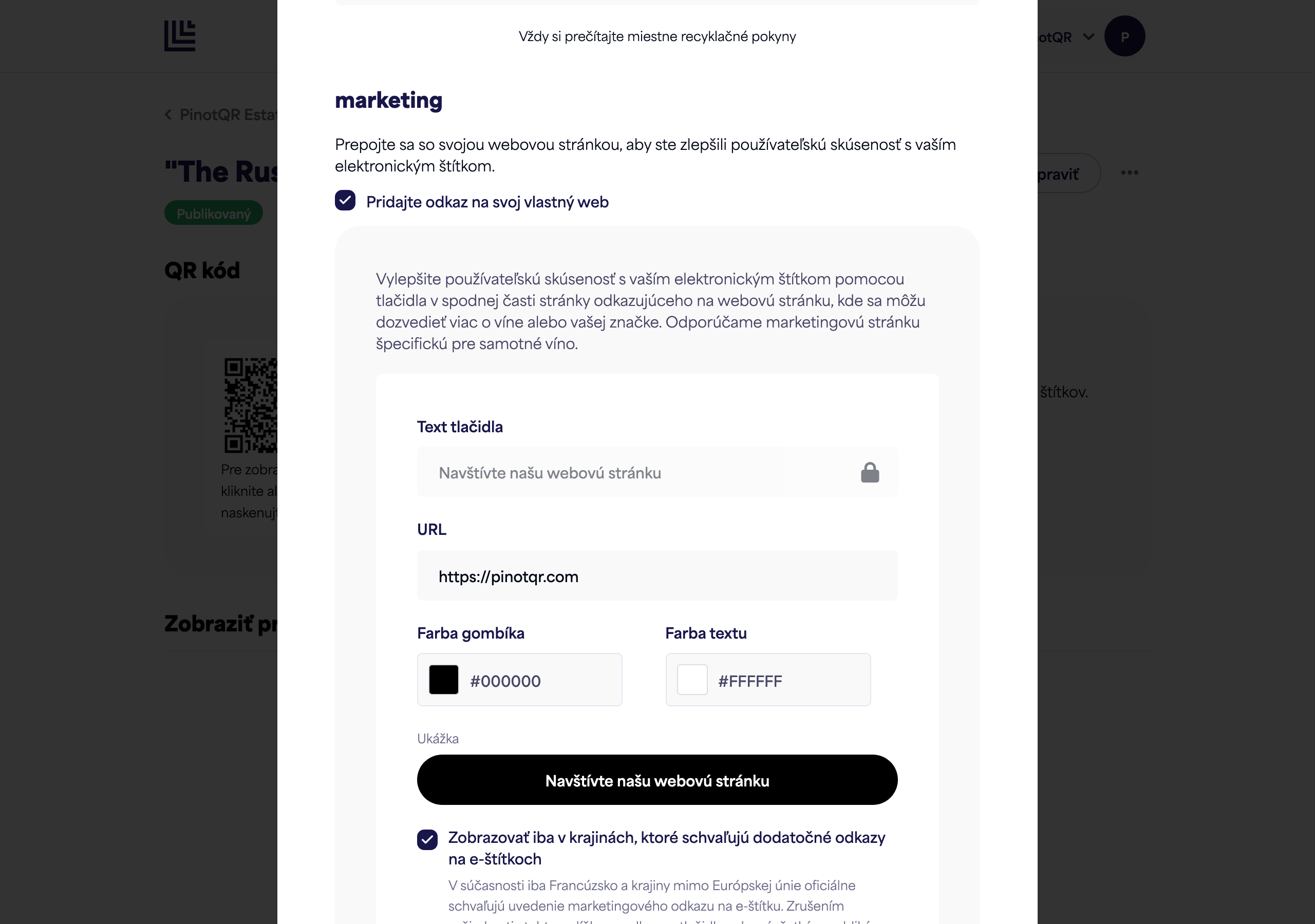 Sekcia Marketing s prepínačom, textom tlačidla, URL adresou a výberom farieb plus živý náhľad tlačidla