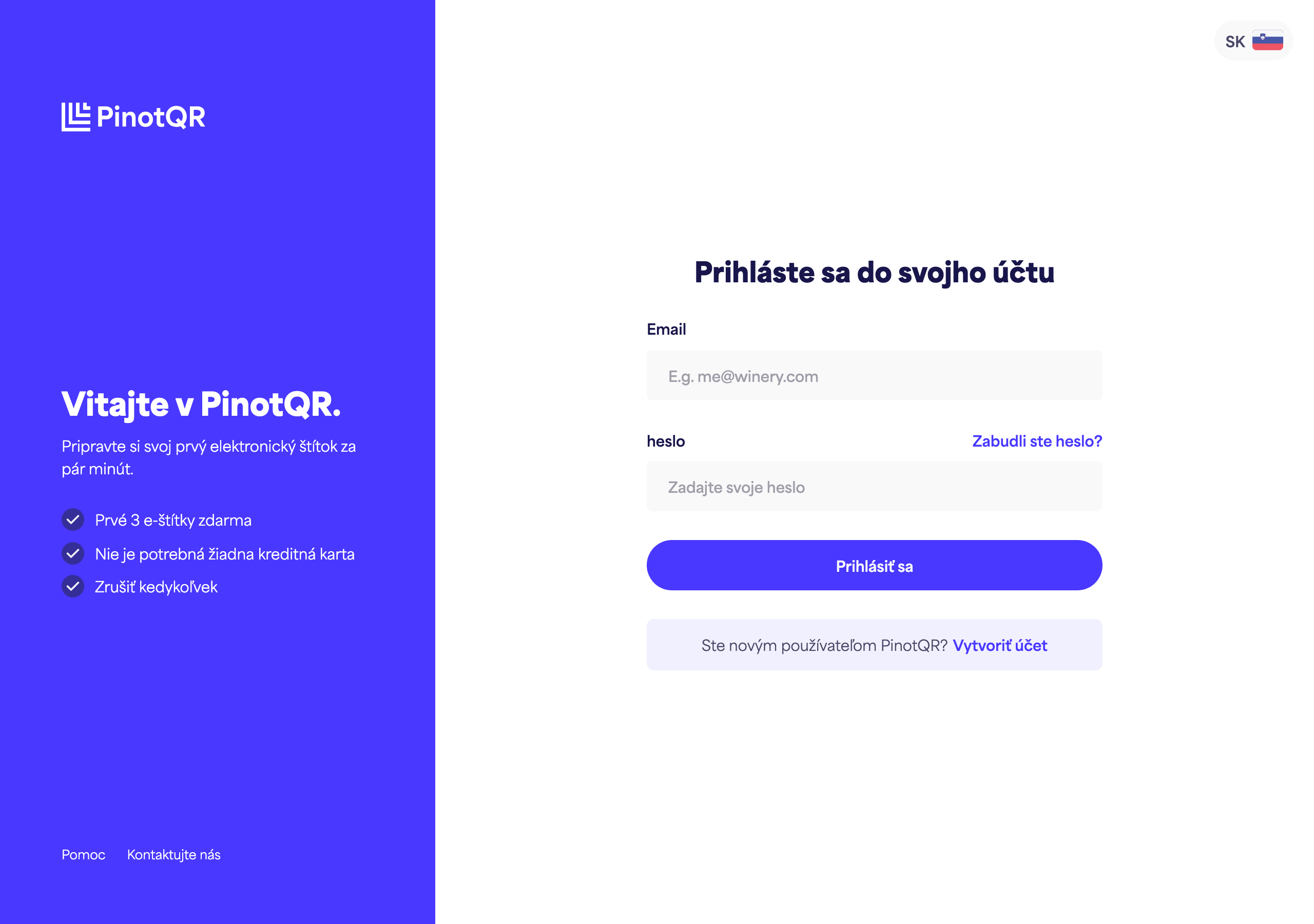 Prihlasovací formulár s poľami E-mail a Heslo, tlačidlom "Prihlásiť sa" a odkazom "Zabudli ste heslo?"