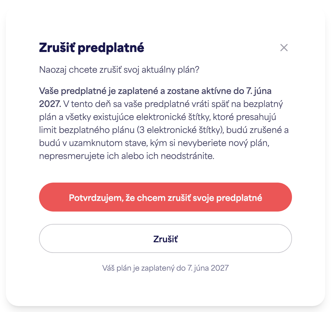 Oblasť Predplatné účtu zobrazujúca možnosť Zrušiť predplatné