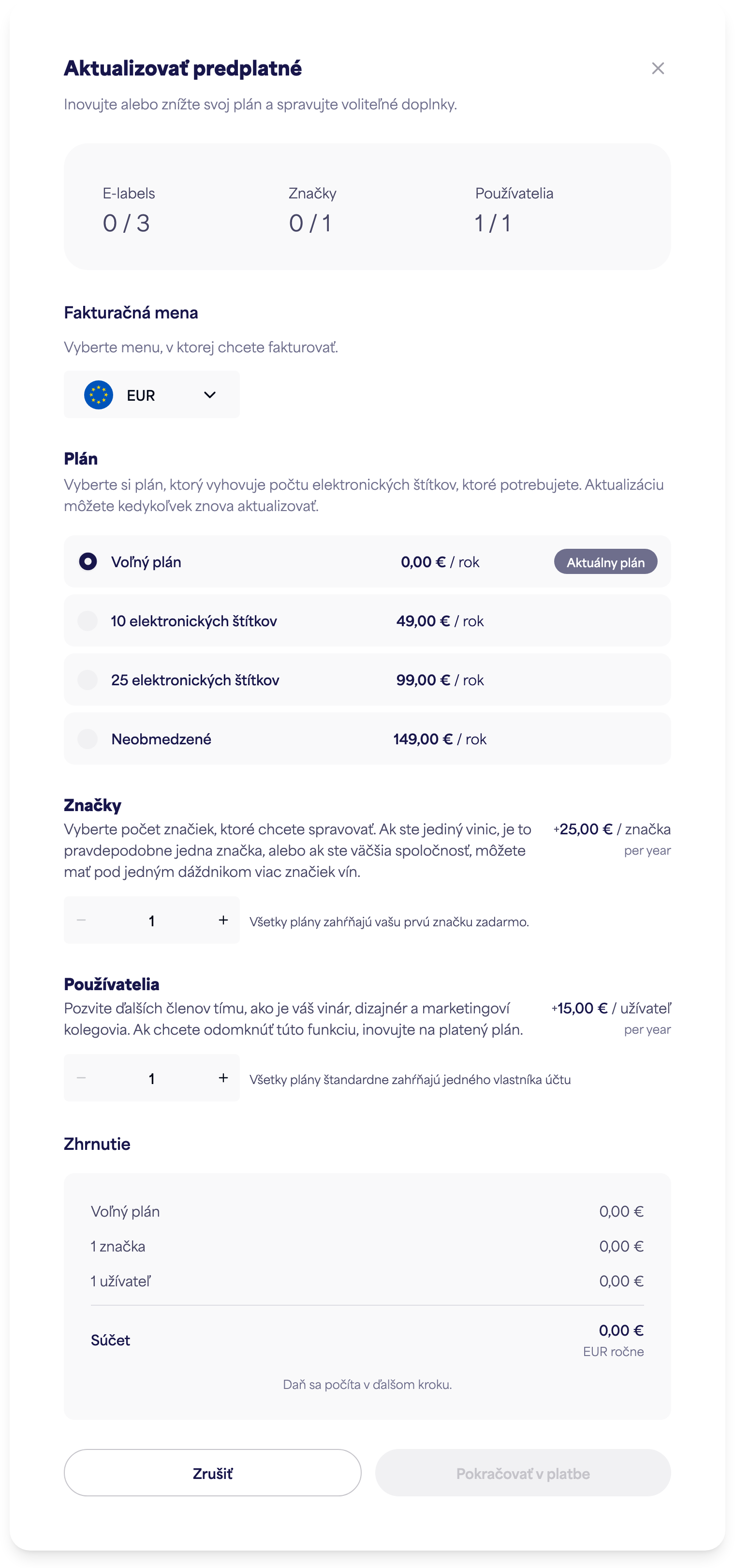 Dialógové okno Spravovať predplatné s možnosťami plánu, značiek a používateľov