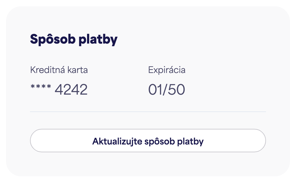 Karta Spôsob platby zobrazujúca uloženú kartu a "Aktualizovať spôsob platby"