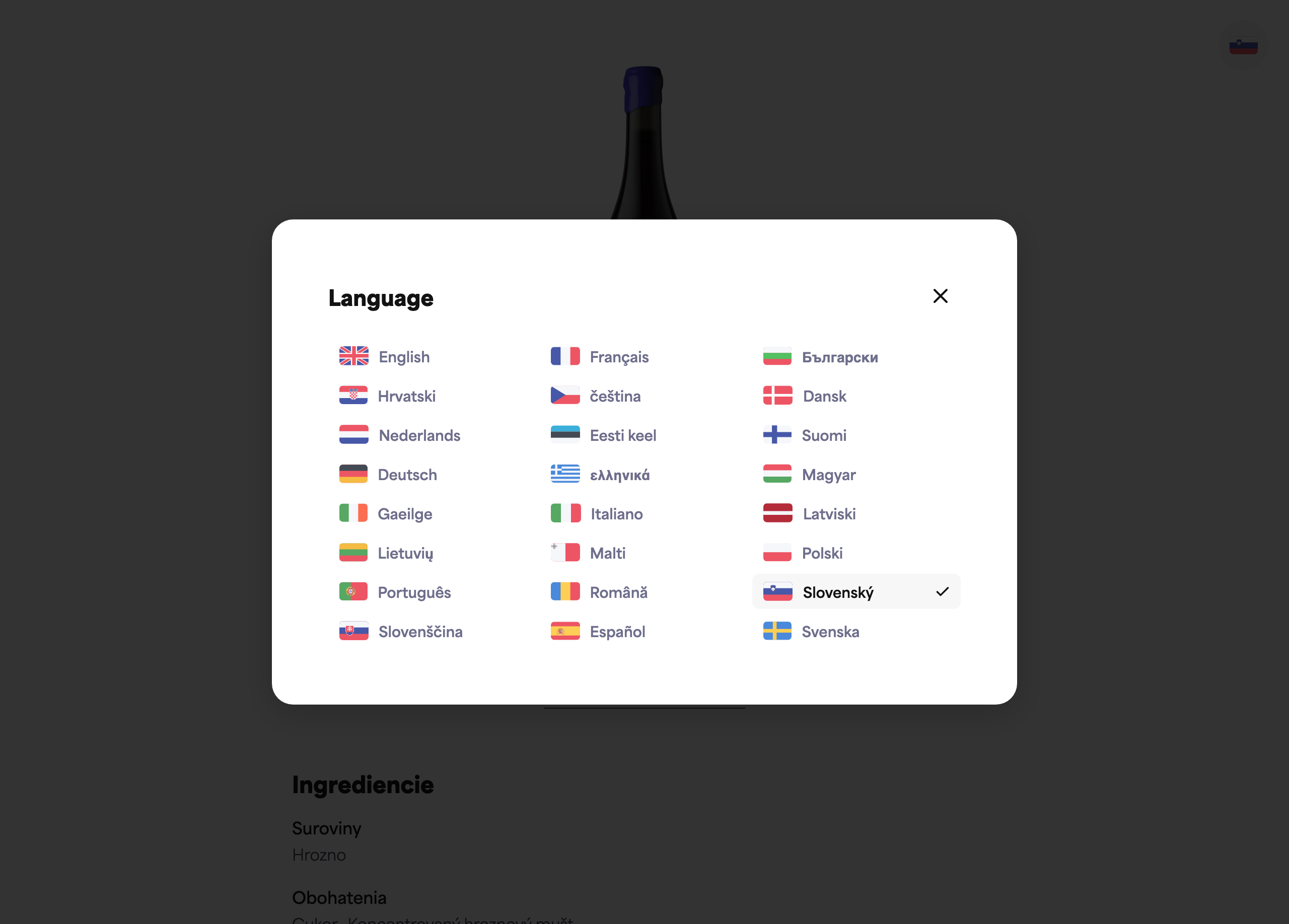 The language picker on a public e-label, open, showing the list of languages