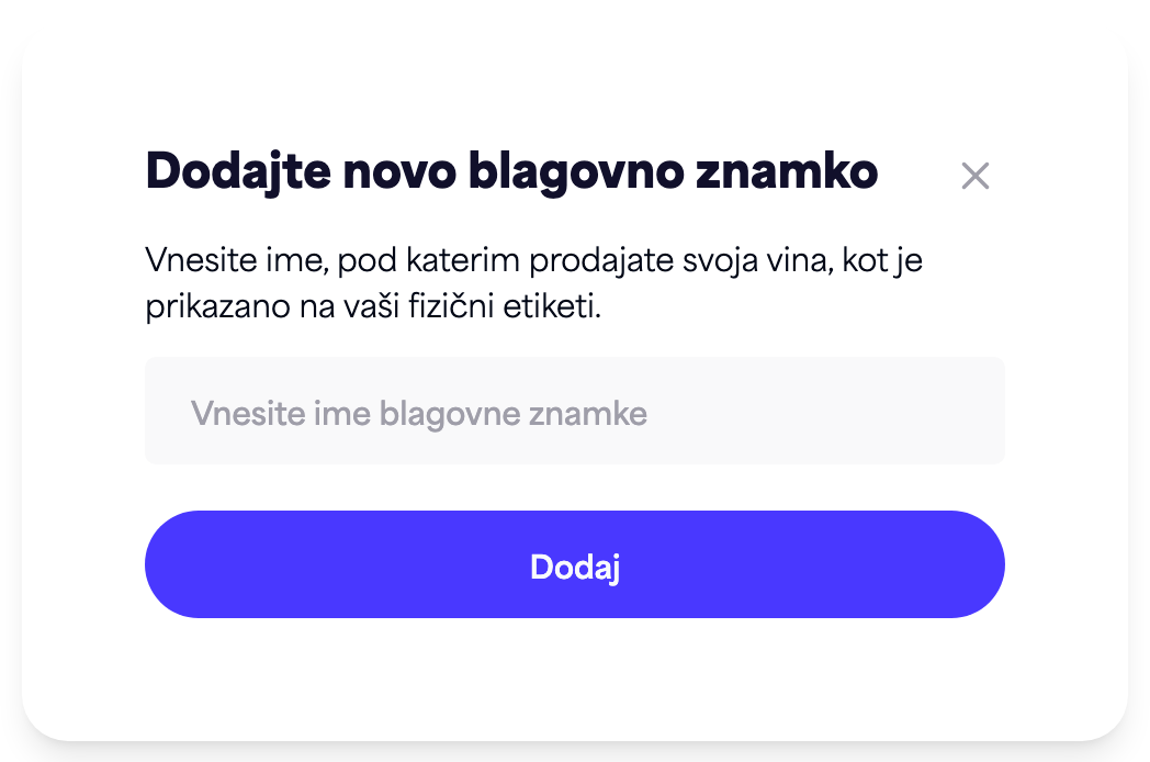 Pogovorno okno "Dodaj novo blagovno znamko" s poljem za ime blagovne znamke in gumbom "Dodaj"