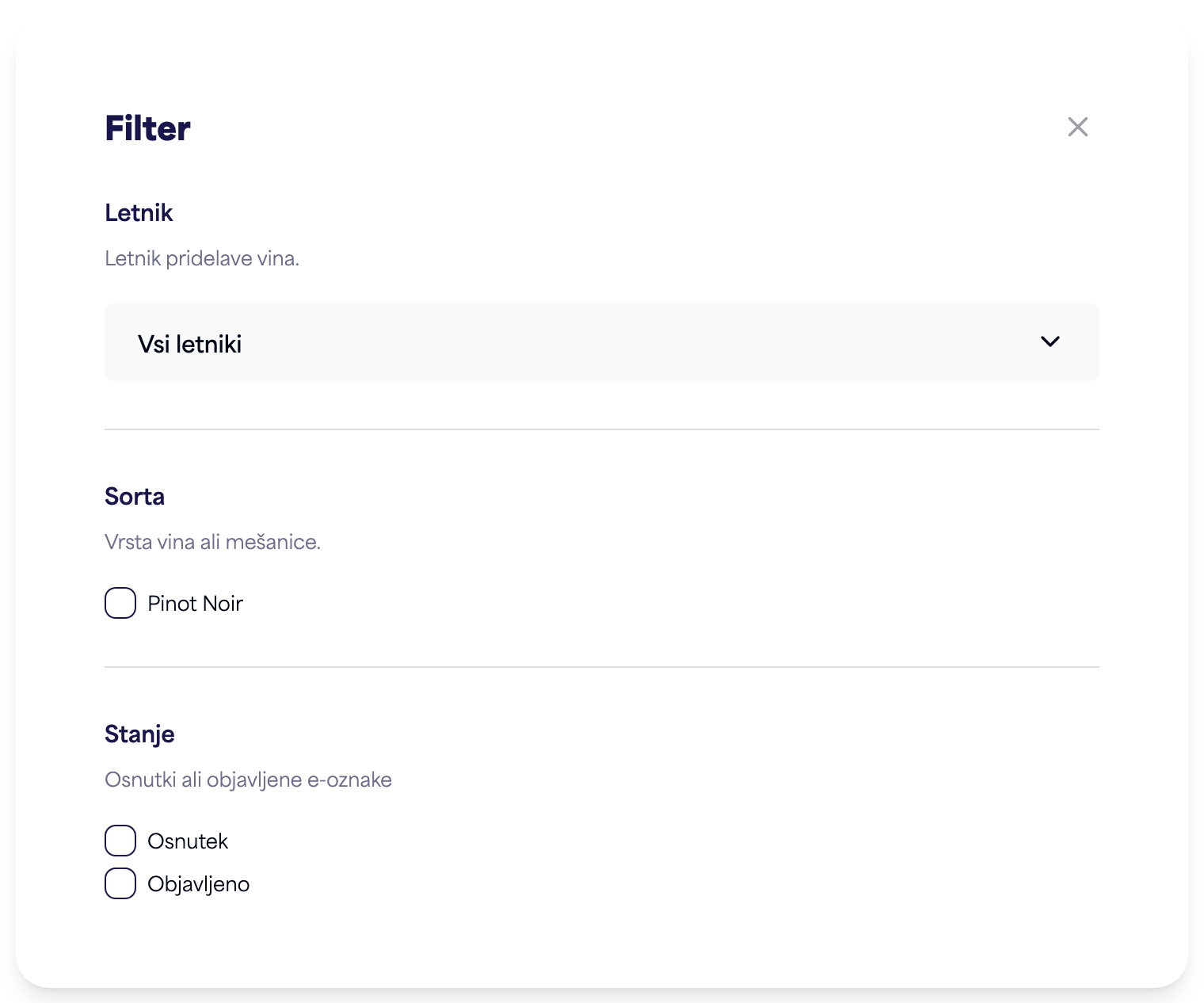 Plošča filtra z možnostmi letnika, sorte in statusa