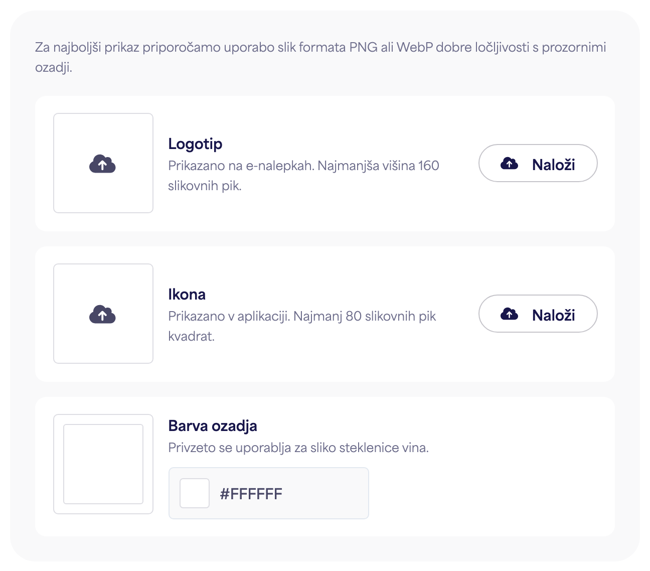 Razdelek Blagovna znamka na plošči z nastavitvami blagovne znamke