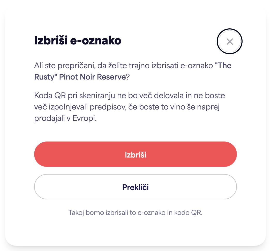 Potrditveno pogovorno okno "Izbriši e-etiketo"