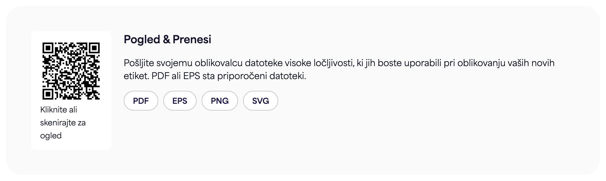 Razdelek QR koda na strani e-etikete z gumbi za prenos PDF, EPS, PNG in SVG