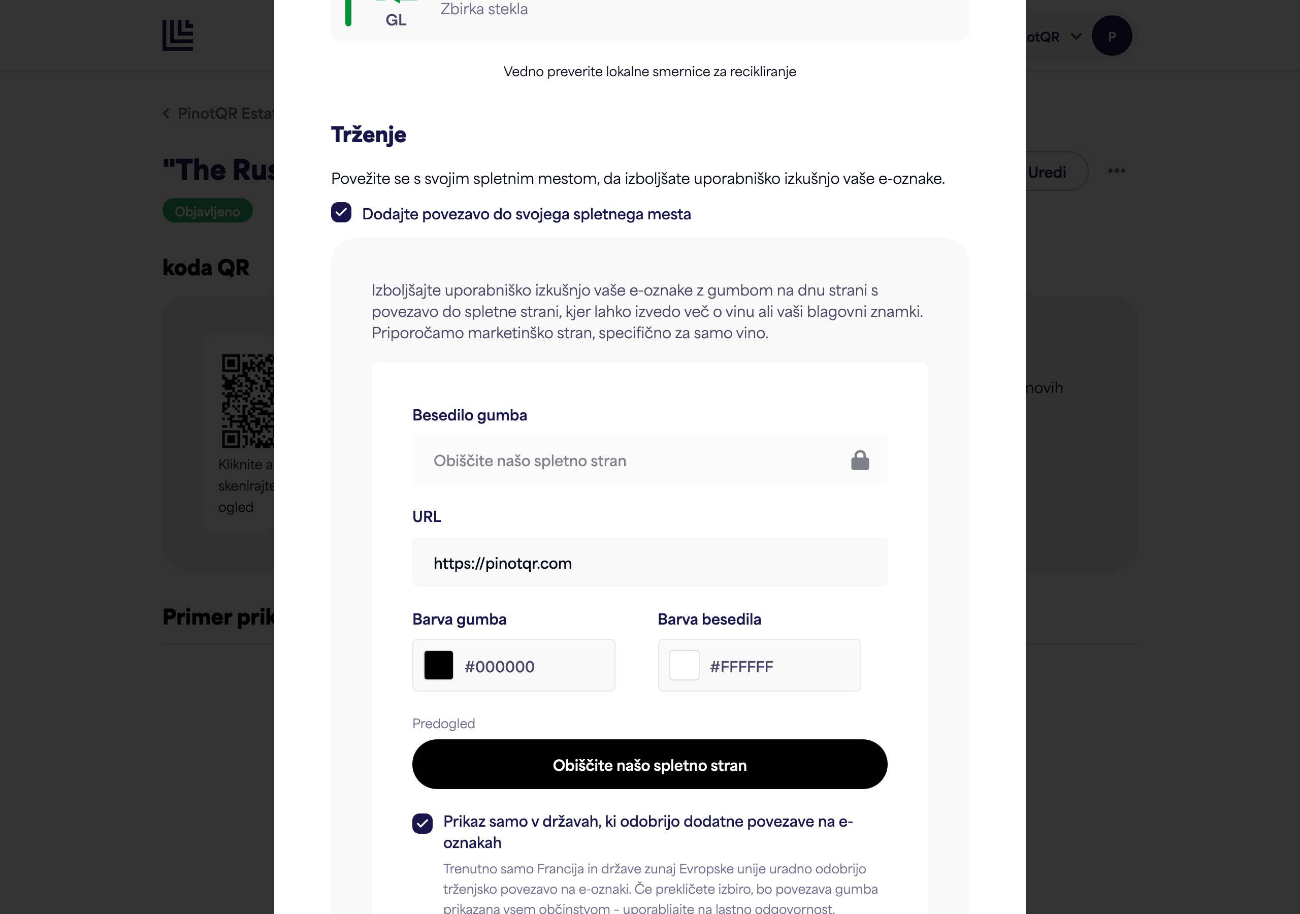 Razdelek Marketing z preklopnim stikalom, besedilom gumba, URL-jem in izbirniki barv ter predogledom gumba v živo