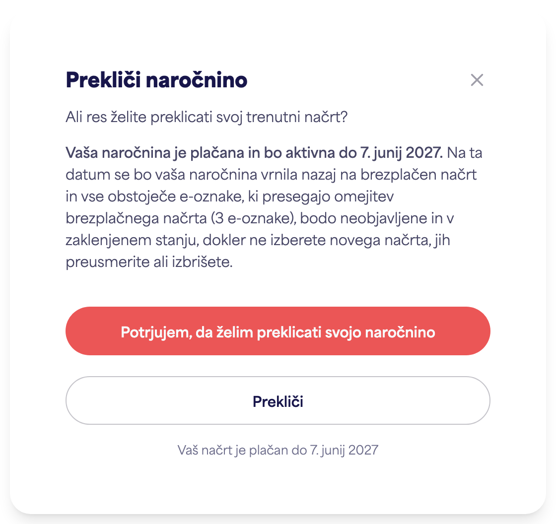 Območje naročnine v računu, ki prikazuje možnost Preklic naročnine