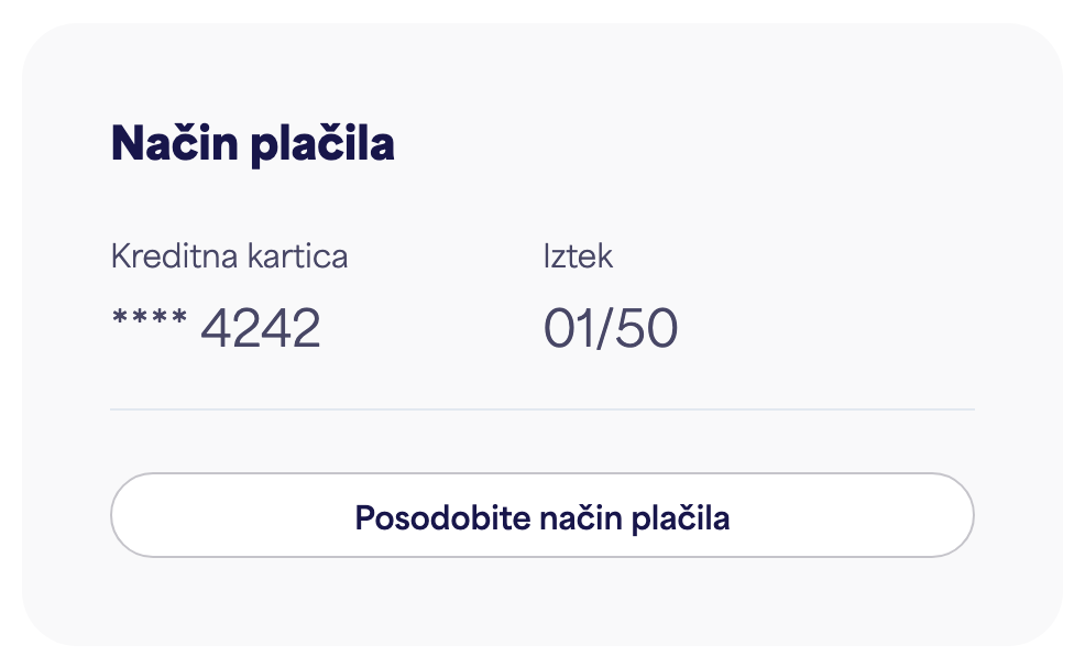 Kartica Način plačila prikazuje shranjeno kartico in "Posodobi način plačila"