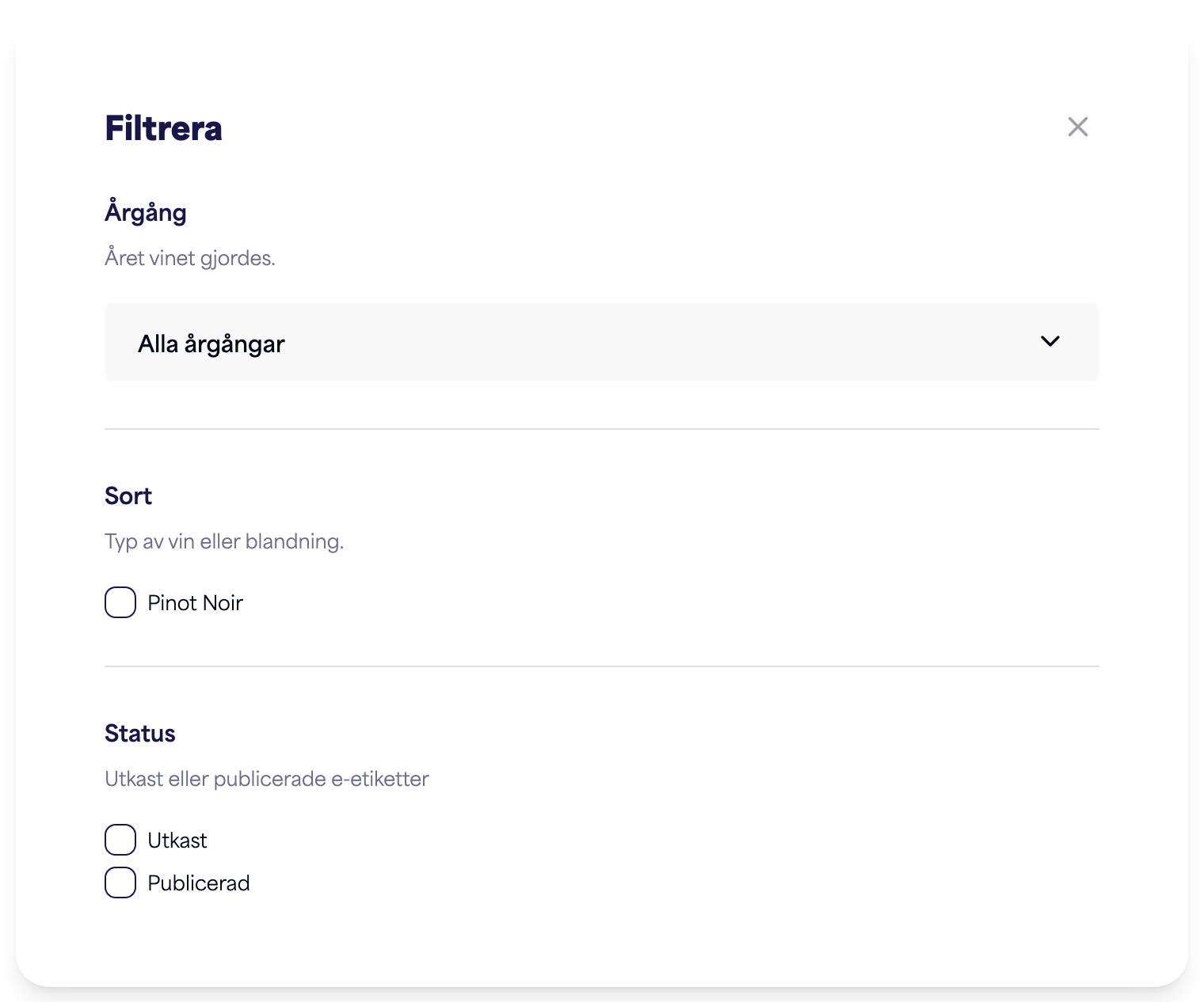 Filterpanelen med alternativ för årgång, druvsort och status