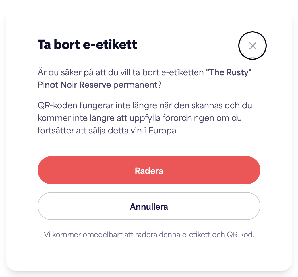 Bekräftelsedialogen "Radera e-etikett"