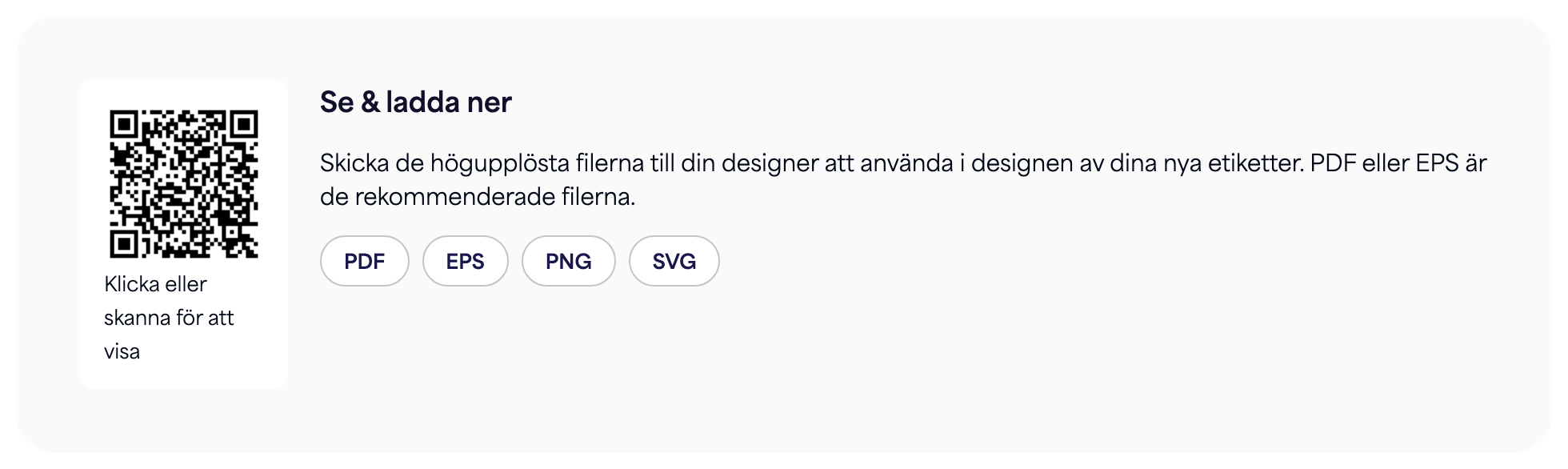 Avsnittet QR-kod på en e-etikettsida med nedladdningsknapparna för PDF, EPS, PNG och SVG