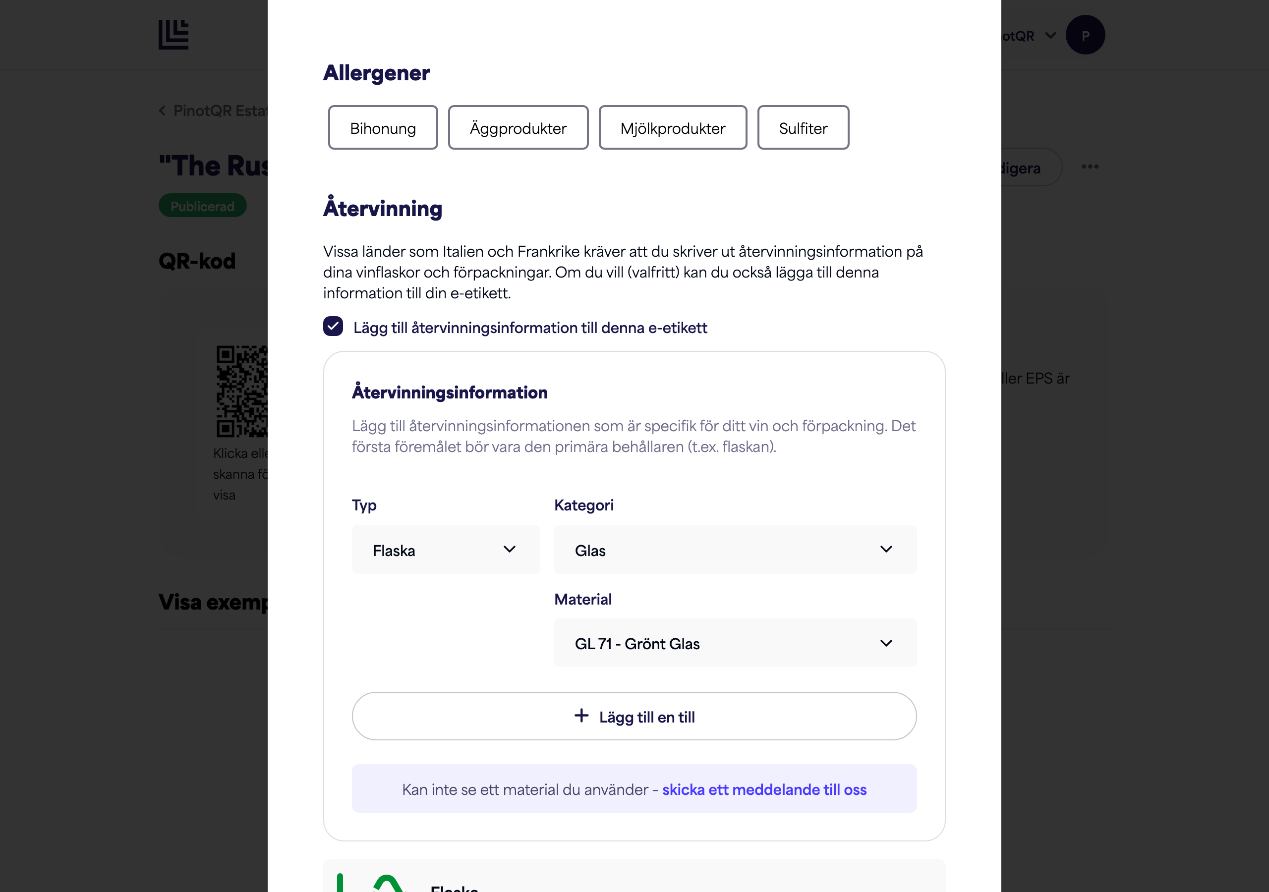 Avsnittet Allergener med allergenalternativ
