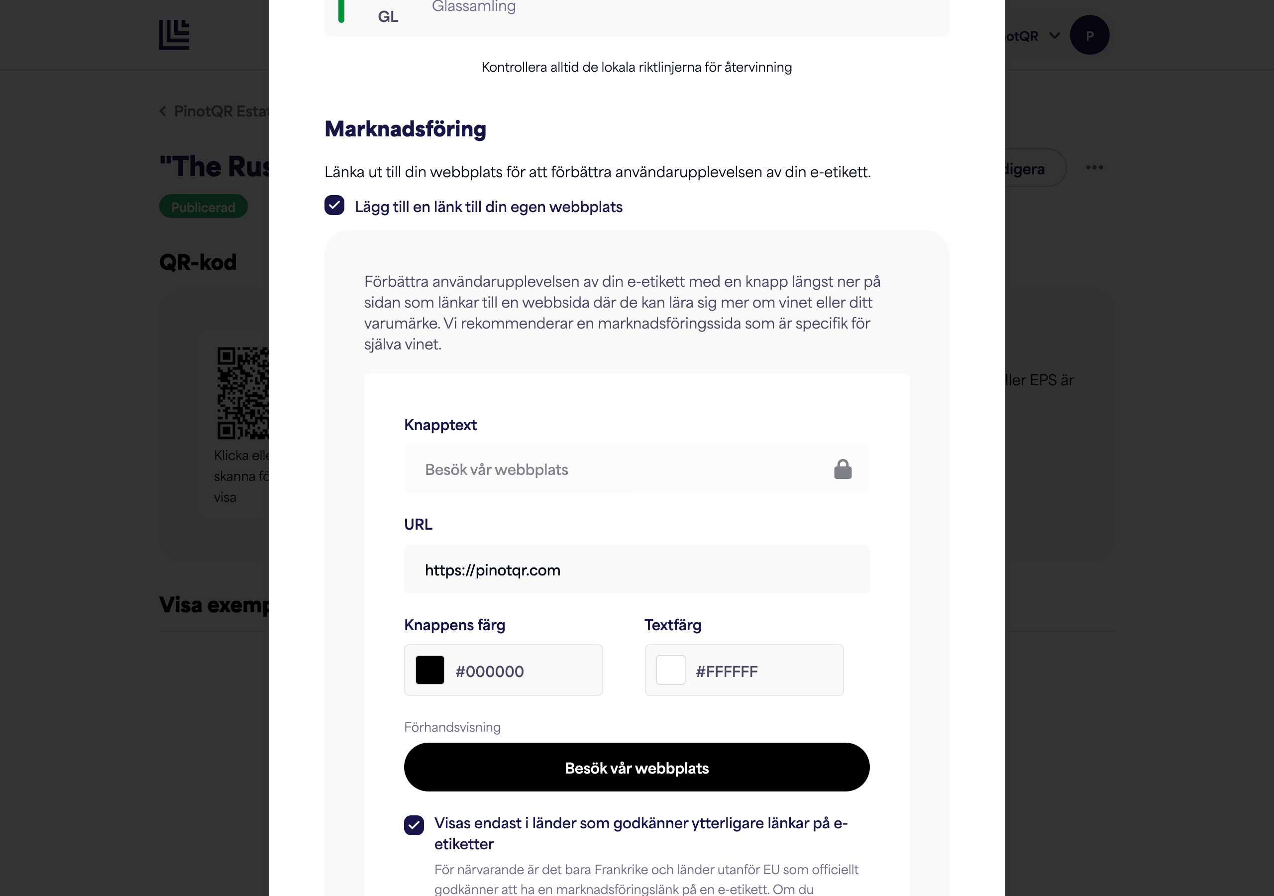 Marknadsföringssektionen med växlingsknappen, knapptexten, URL:en och färgväljarna plus liveförhandsvisningen av knappen