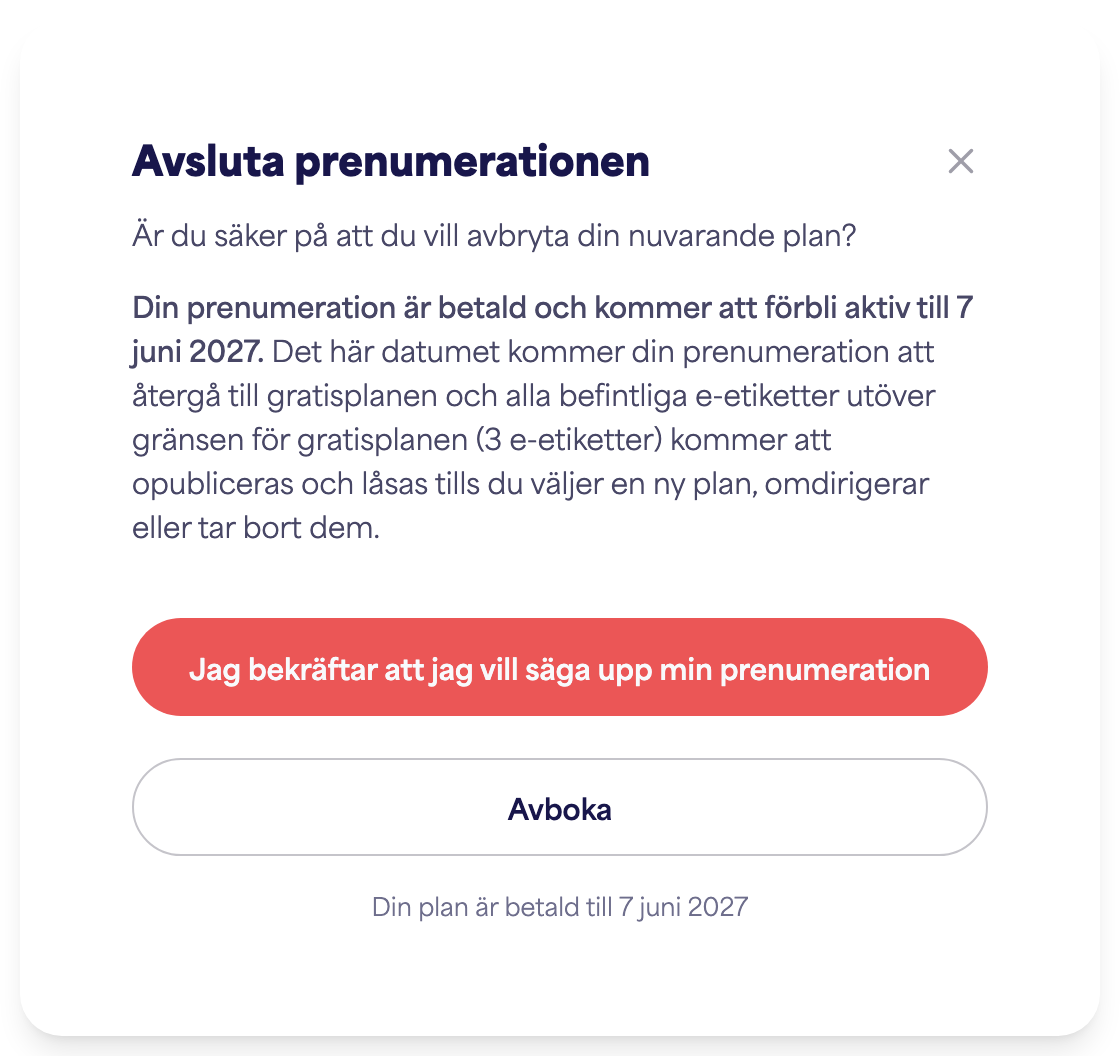 The account Subscription area showing the Cancel subscription option