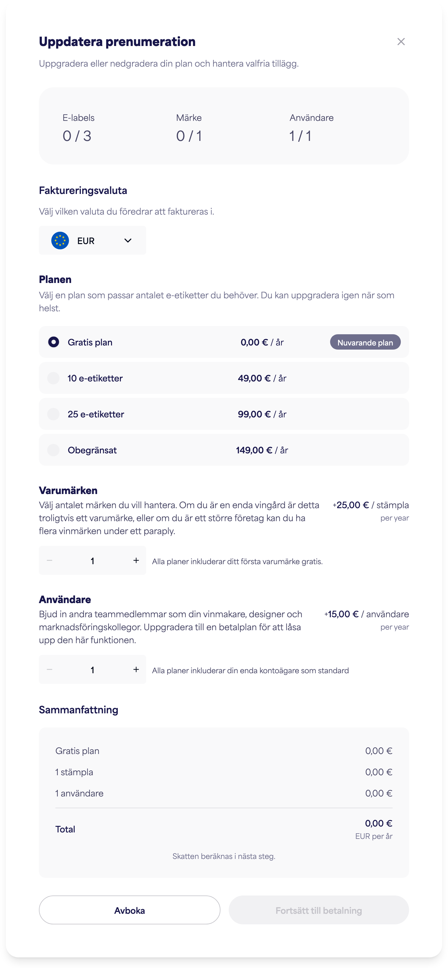 Dialogrutan Hantera prenumeration med alternativ för plan, varumärken och användare